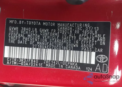 2013 Toyota Corolla Le из США, поврежденный, VIN 2T1BU4EE7DC018631